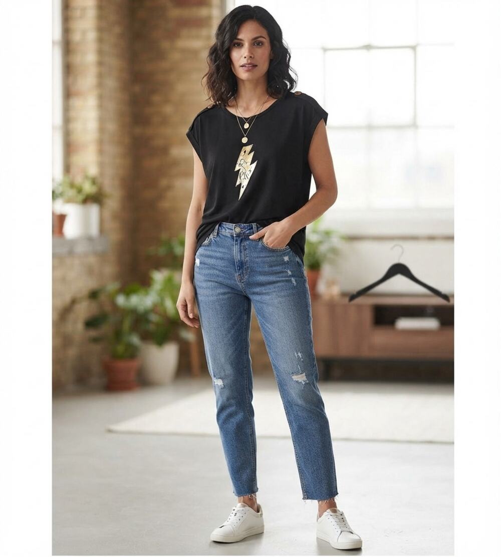 Saint + Sofia Black Gold Lightning Bolt Rock & Roll Tee Edgy UK 10 | US 6 EUC